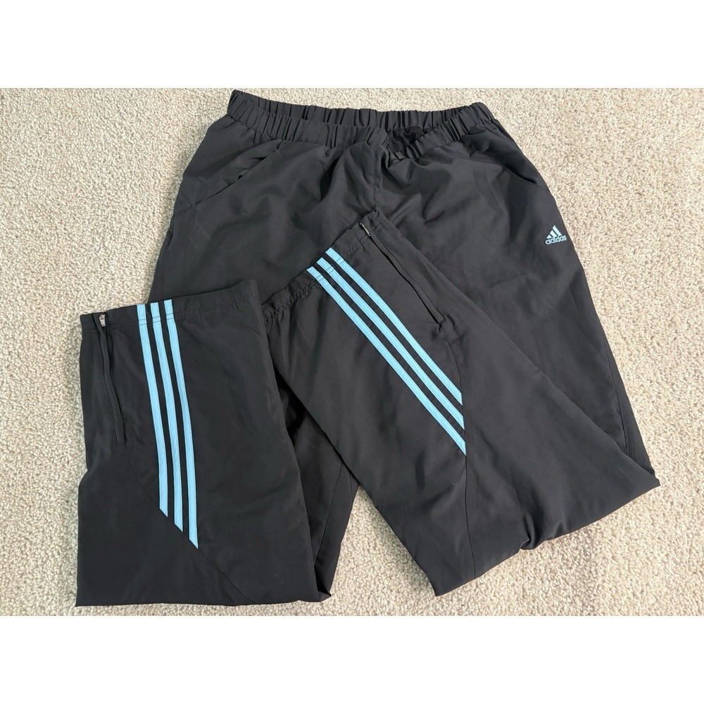 VTG Y2K Adidas Track Pants Black Light Blue 3 Stripe Baggy Windbreaker Men L